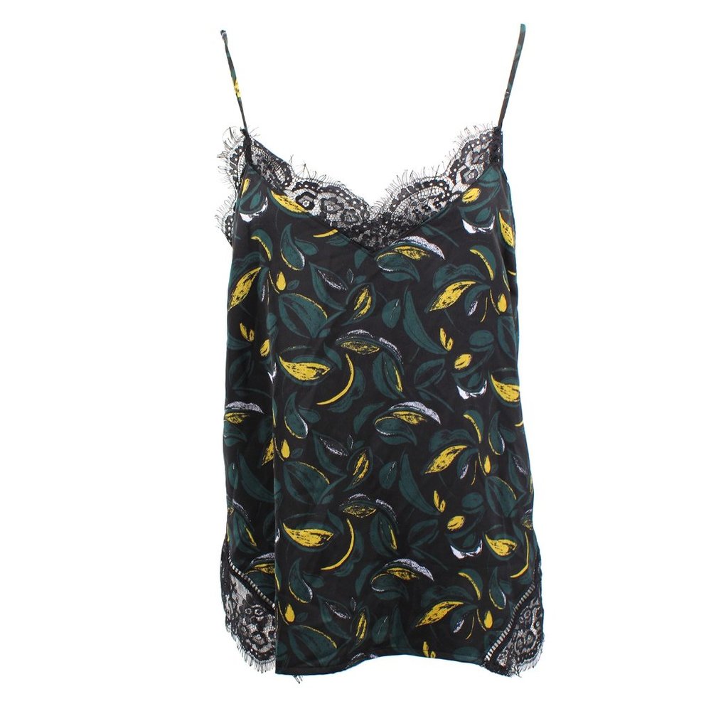 Contrast Lace Tank S / Green Print with Lace Detai